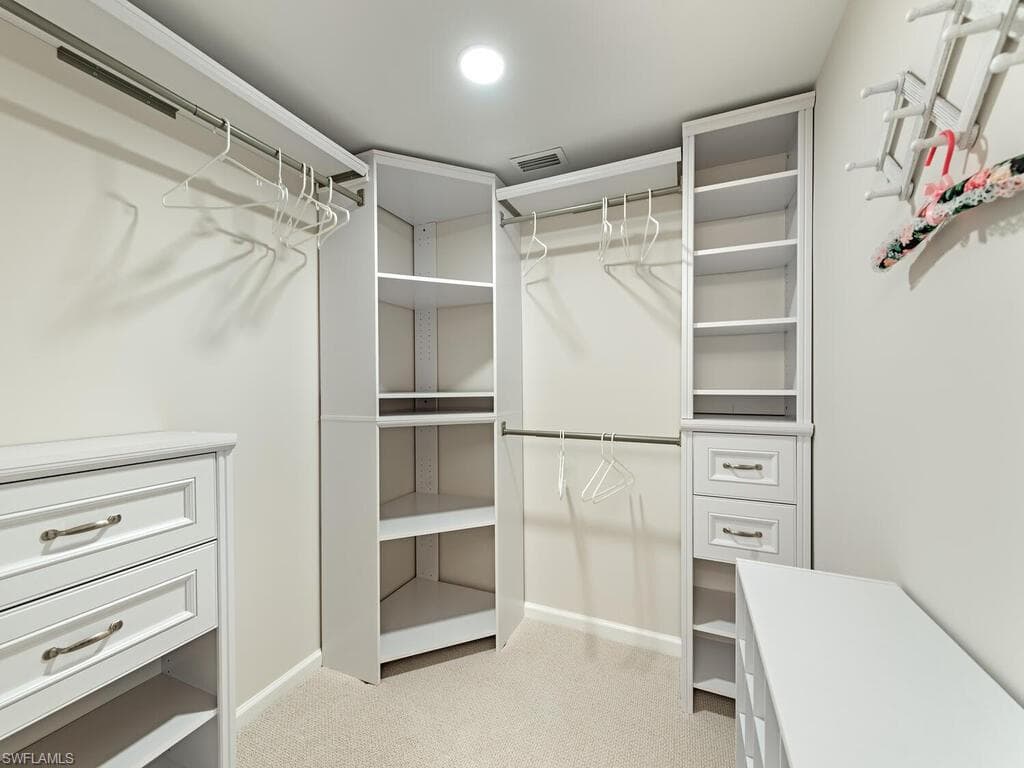Walk in closet featuring light carpet