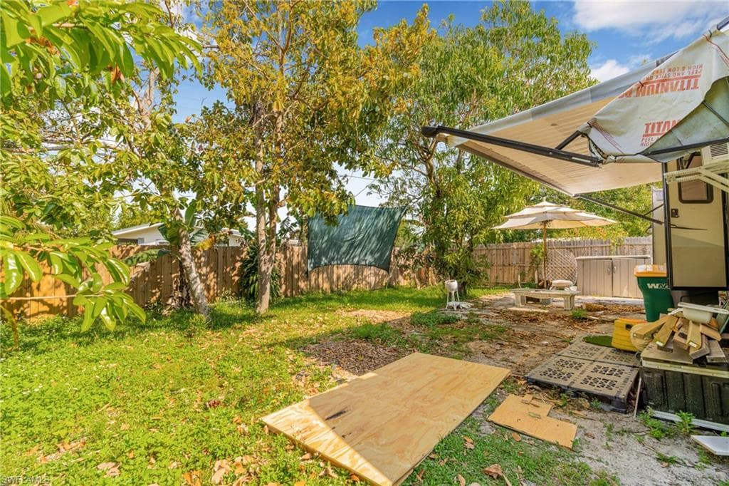 Fenced backyard featuring a patio