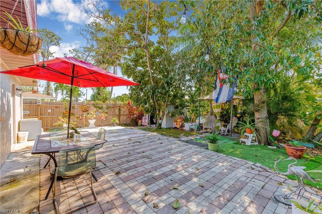 Fenced backyard featuring a patio area and outdoor dining space