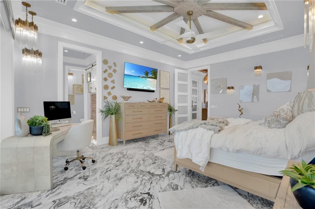 Bedroom featuring an office area, a ceiling fan, crown molding, marble finish floors, and coffered ceiling - Virtually Edited Image