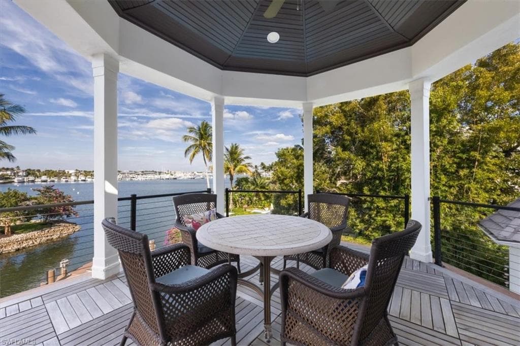 Sunroom featuring a water view and wooden ceiling