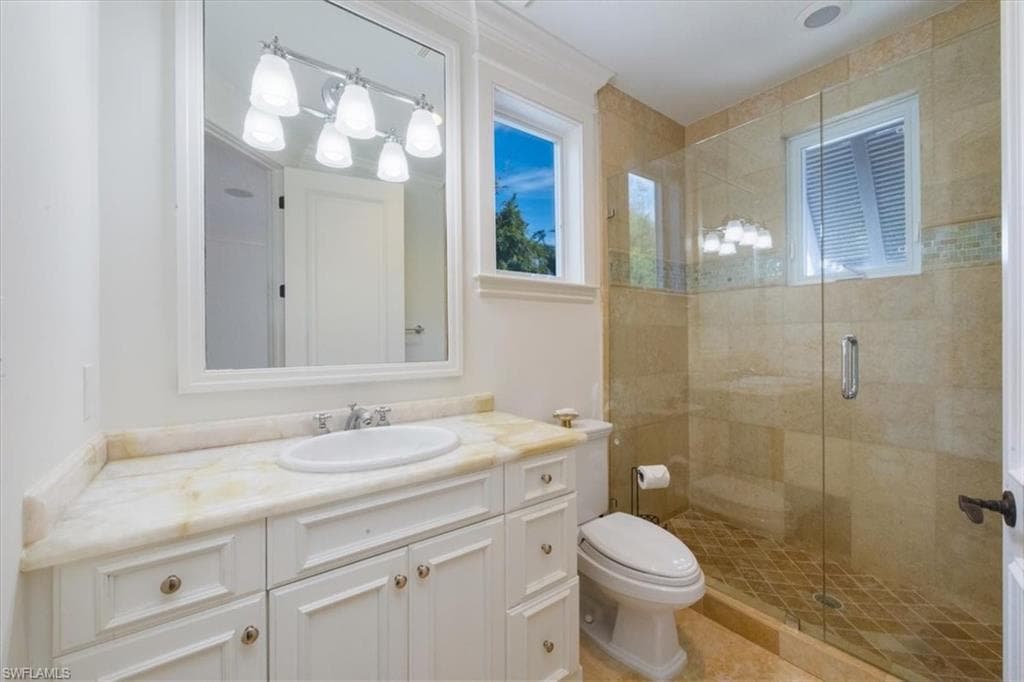 Full bath featuring vanity and a shower stall