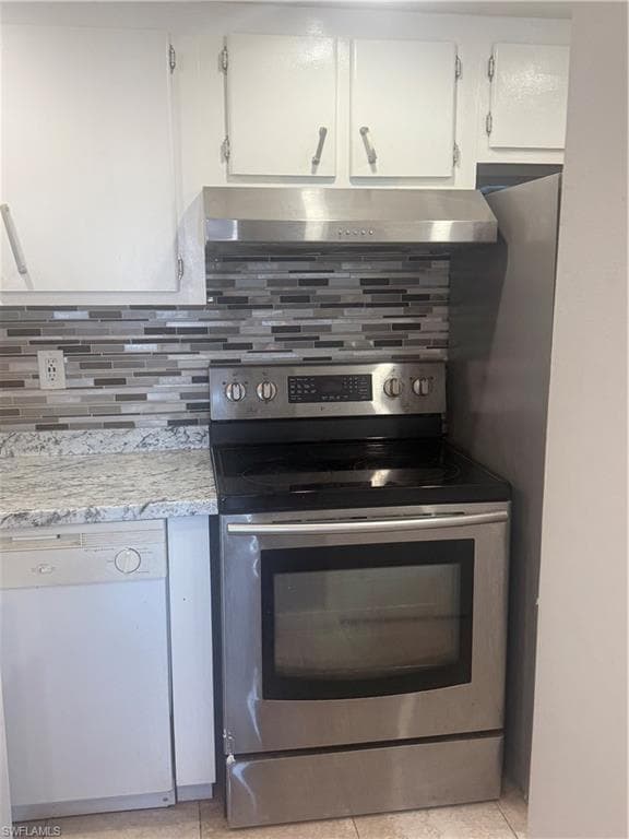Kitchen with stainless steel electric stove, dishwashing machine, white cabinetry, exhaust hood, and decorative backsplash