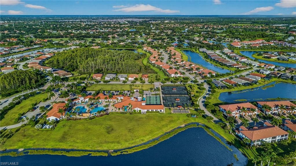Aerial overview of property's location featuring a large body of water