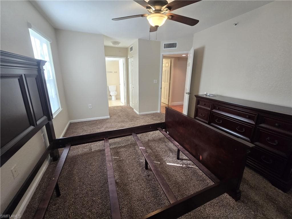 Lush carpet, fan with light fixture, 2 closets in hall to bathroom.