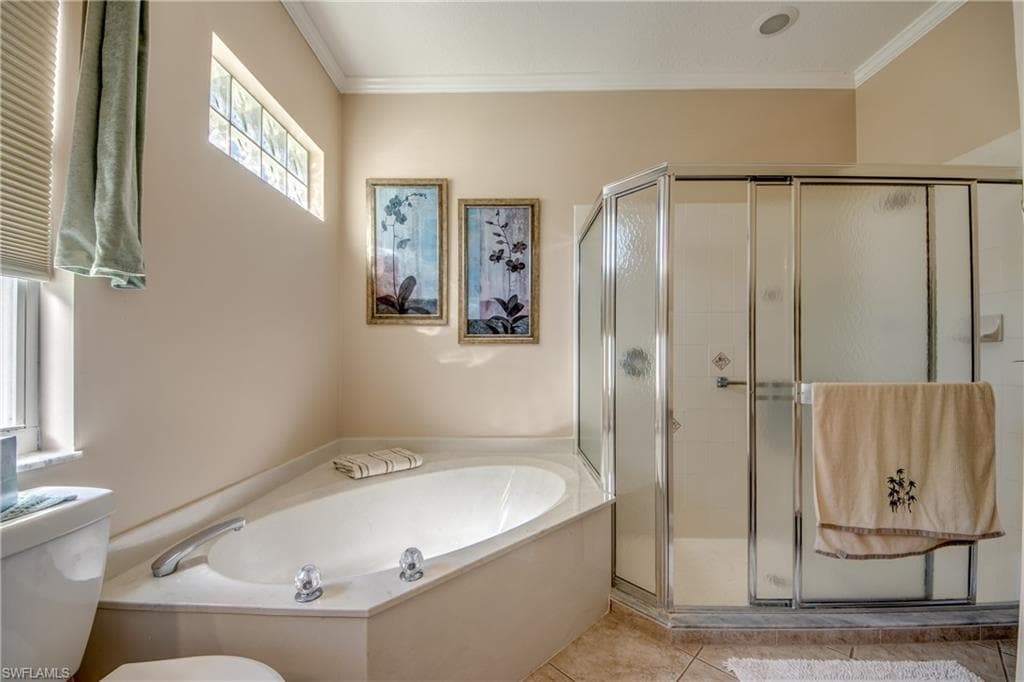 Full bathroom featuring a garden tub, crown molding, a shower stall, and tile patterned flooring