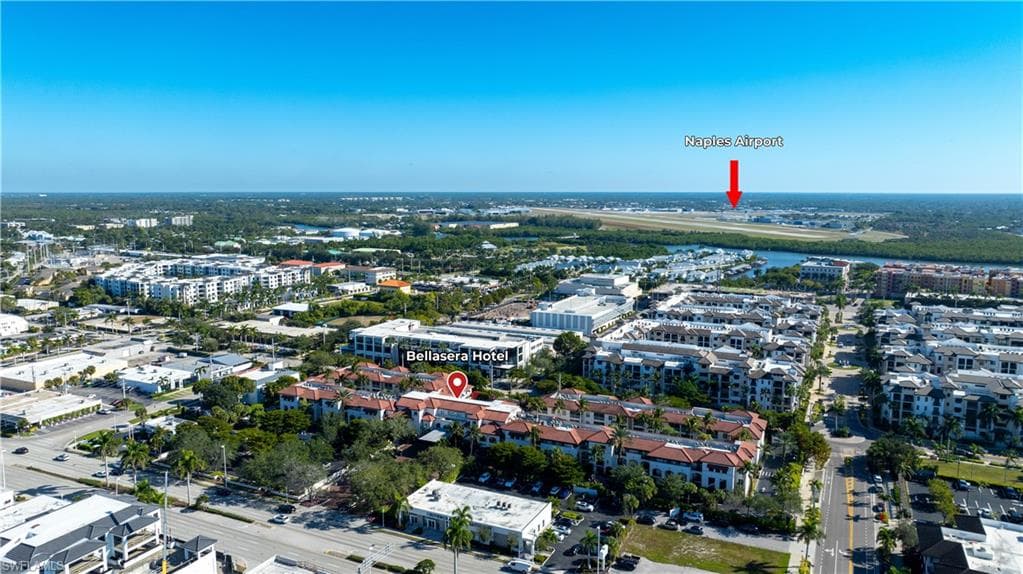 Aerial overview of property's location featuring nearby urban area