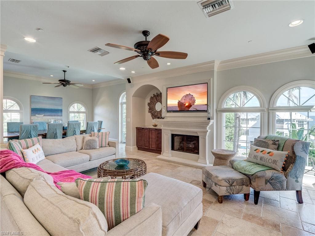 Travertine flooring in living area