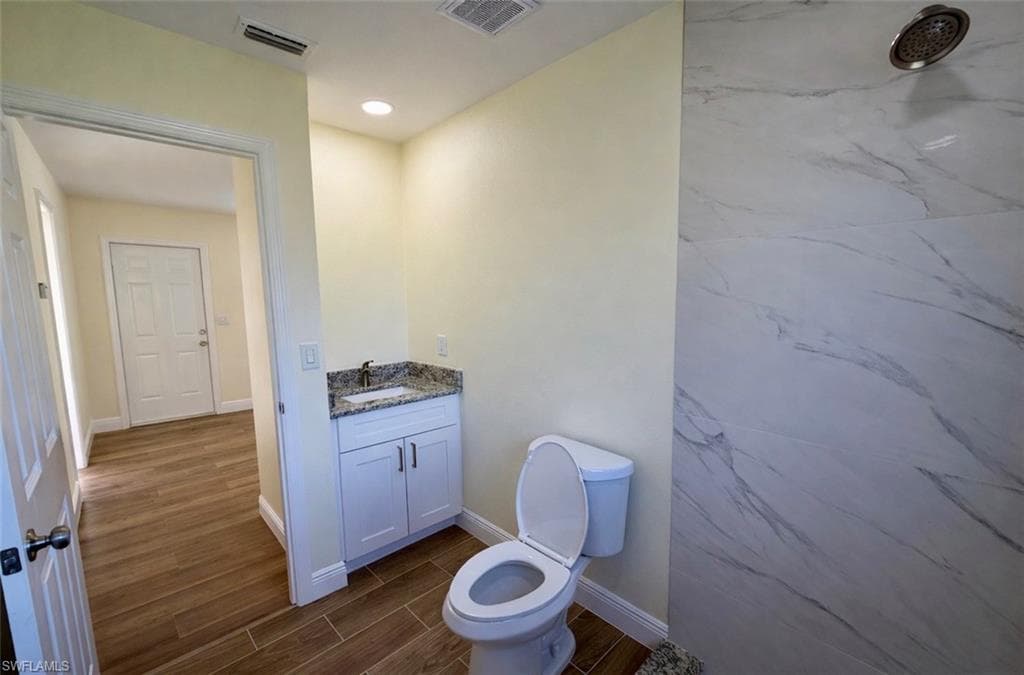 Bathroom with vanity, wood tiled floors, and recessed lighting