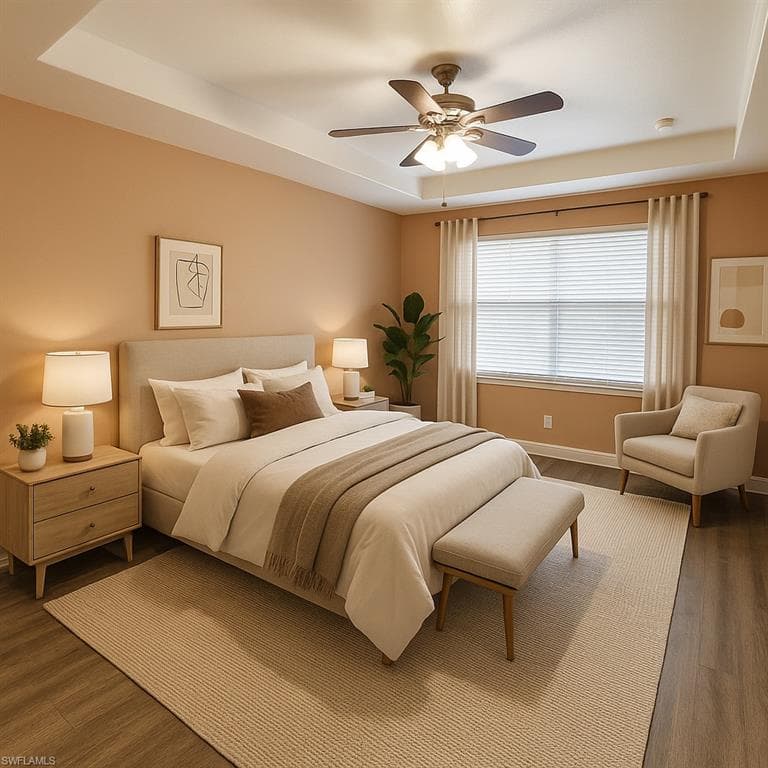 Virtually staged Bedroom with a tray ceiling and wood finished floors