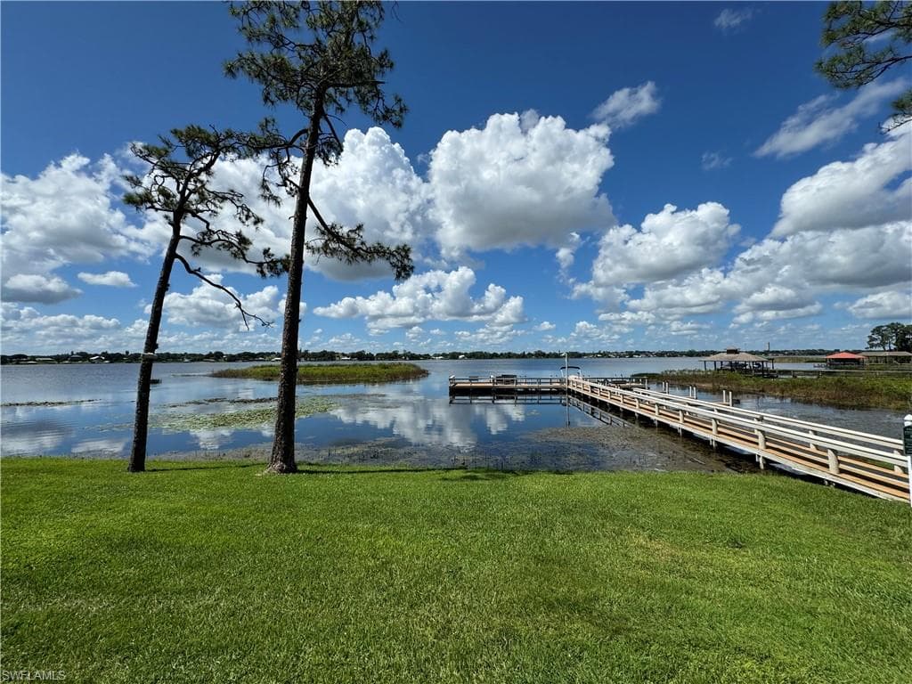 Dock with a yard and a water view