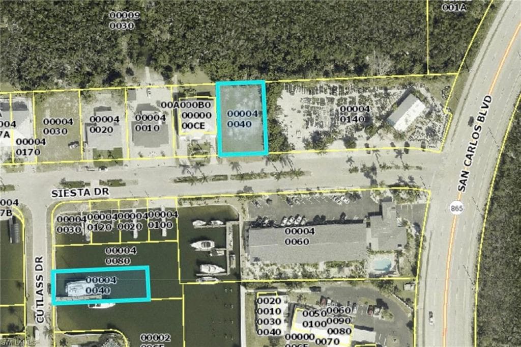 Aerial view of property's location with property parcel outlined