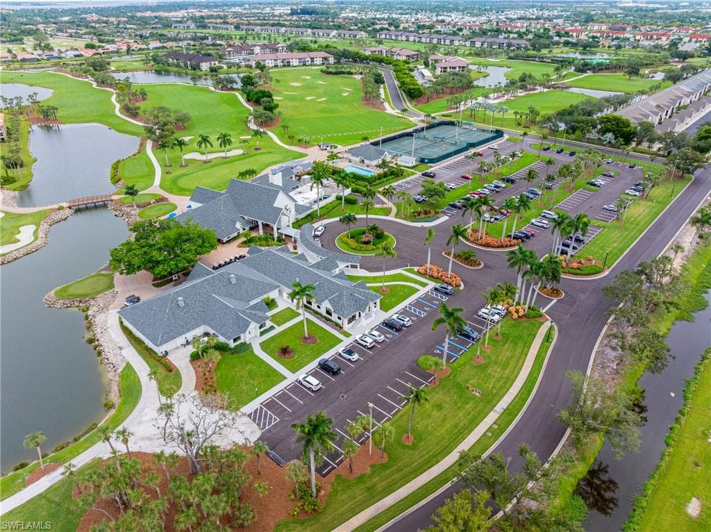 Aerial view of a large body of water and a golf course