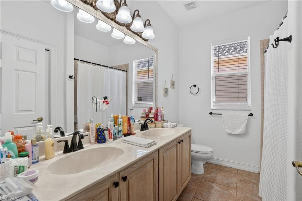 Full bathroom featuring a shower with shower curtain, double vanity, and healthy amount of natural light