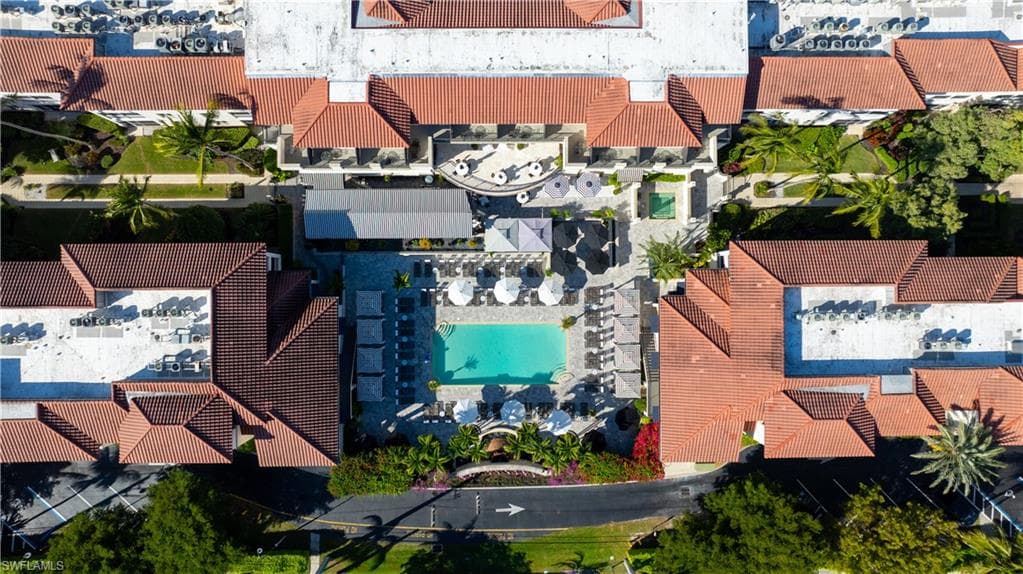 Aerial view of residential area with a pool