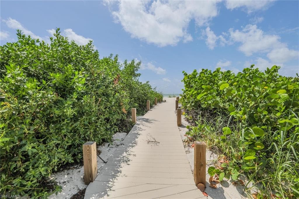 View of property's community featuring view of water and beach