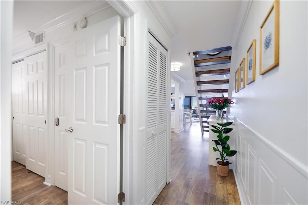 Corridor featuring crown molding, dark wood-style flooring, and a decorative wall