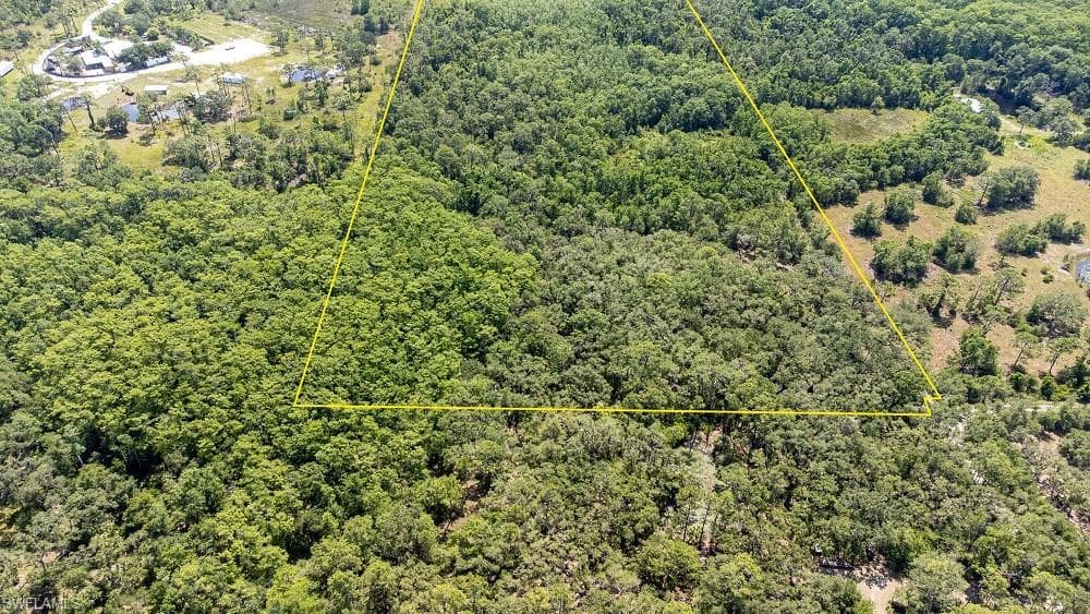 Aerial overview of property's location featuring a heavily wooded area and property boundaries highlighted