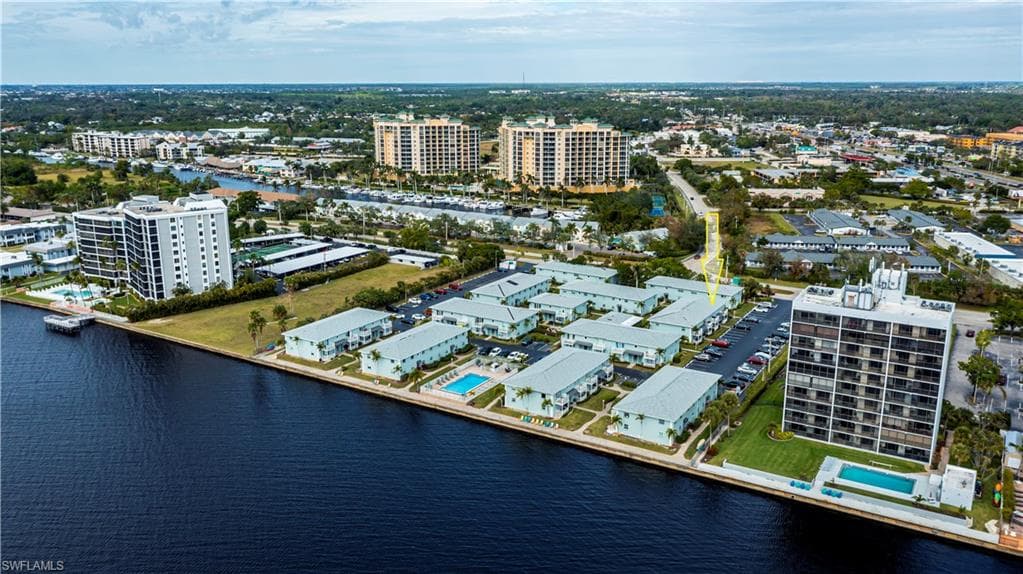 Drone / aerial view featuring a water view