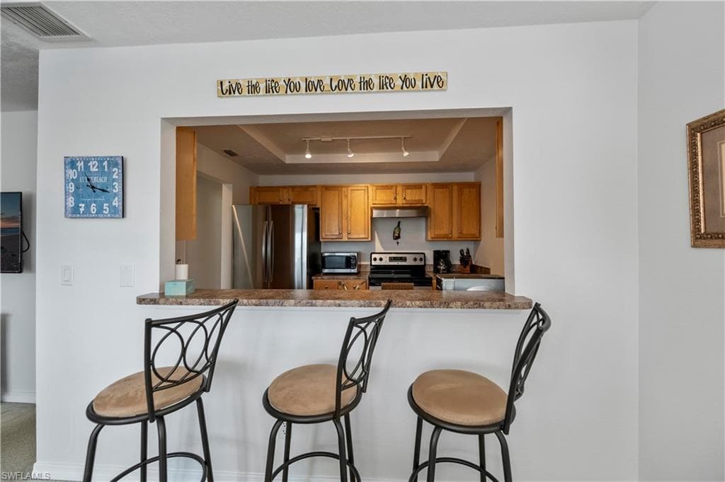 Kitchen featuring a breakfast bar, kitchen peninsula, a tray ceiling, and stainless steel appliances