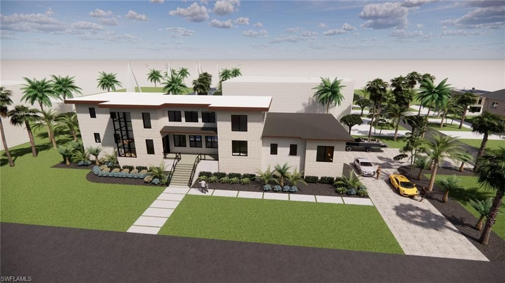 Virtual Rendering -View of front of home featuring stairway, a front yard, and decorative driveway