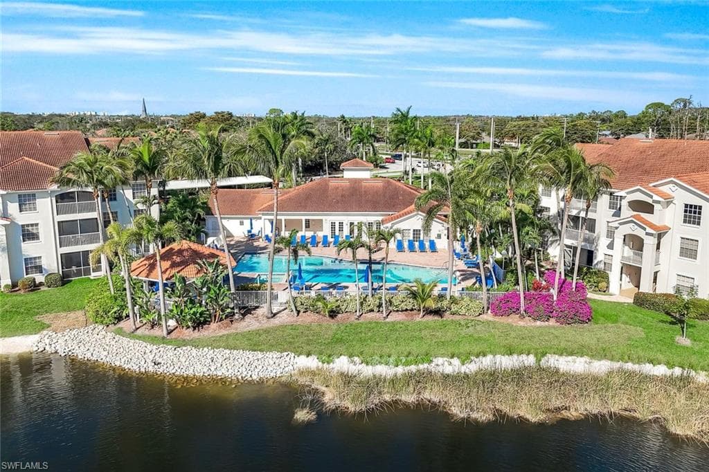 Aerial view of the clubhouse, pool, hot tub and party gazebo
