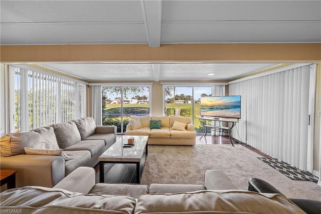 Carpeted living room with healthy amount of natural light