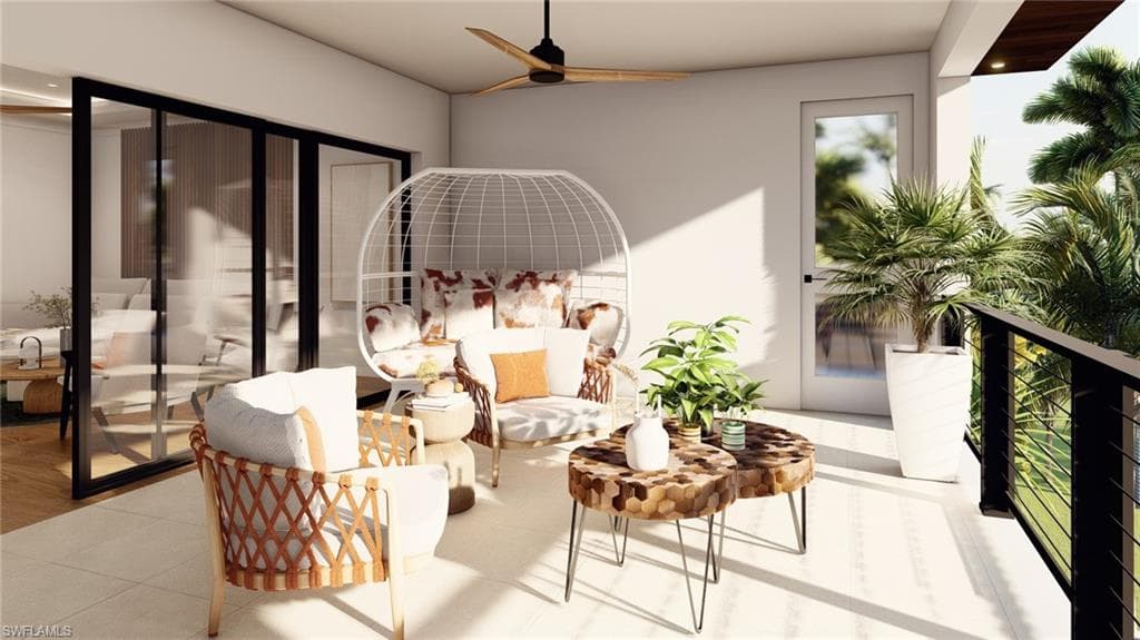 Virtual Rendering - Balcony with a ceiling fan and an outdoor living space
