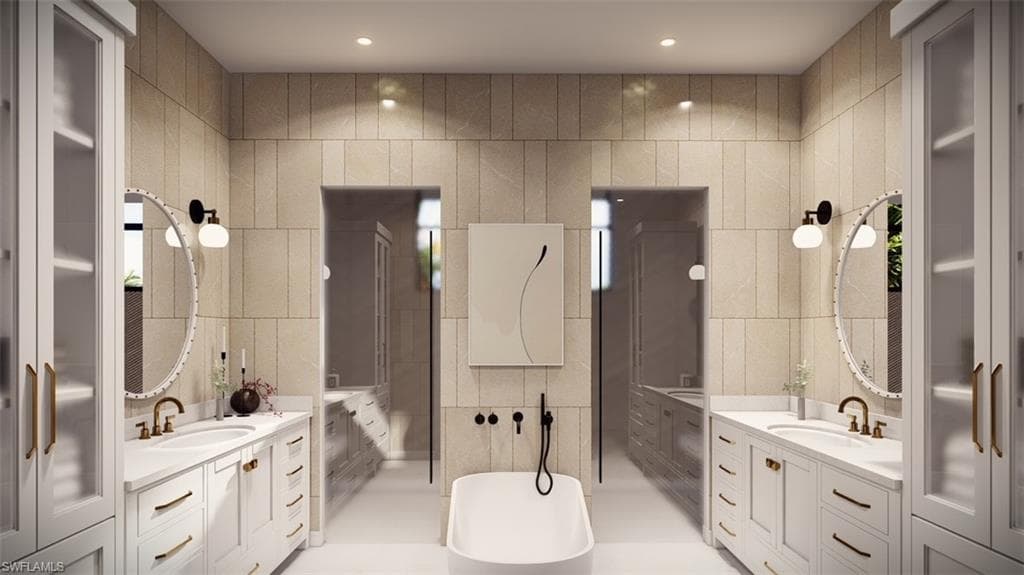 Virtual Rendering - Bathroom with two vanities, tile walls, a freestanding tub, and recessed lighting
