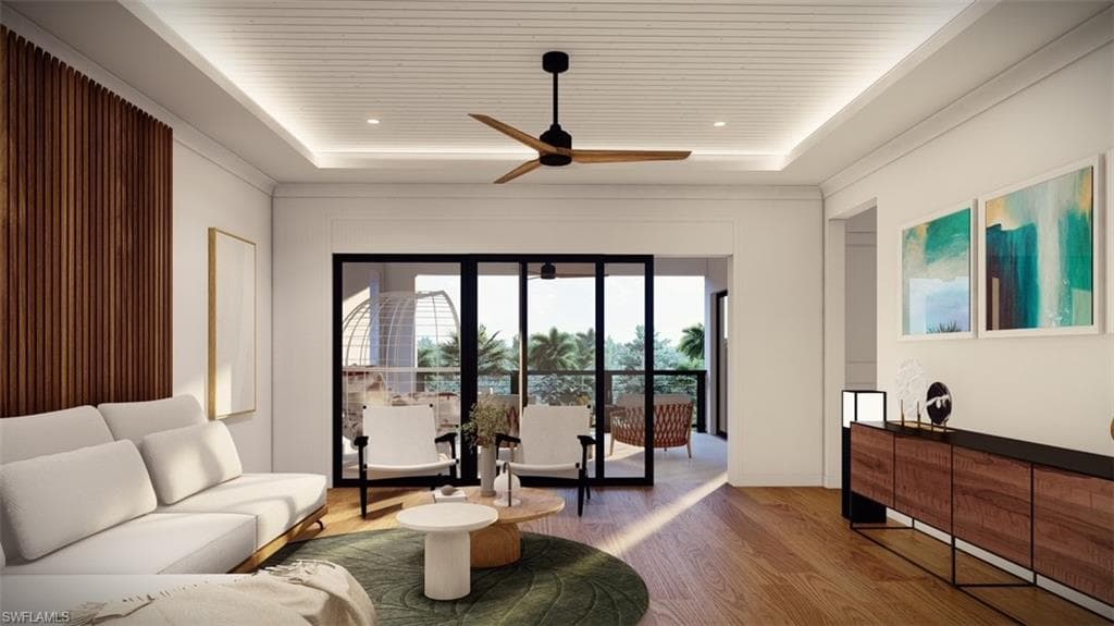 Virtual Rendering - Living room featuring wood finished floors, ceiling fan, a raised ceiling, and recessed lighting