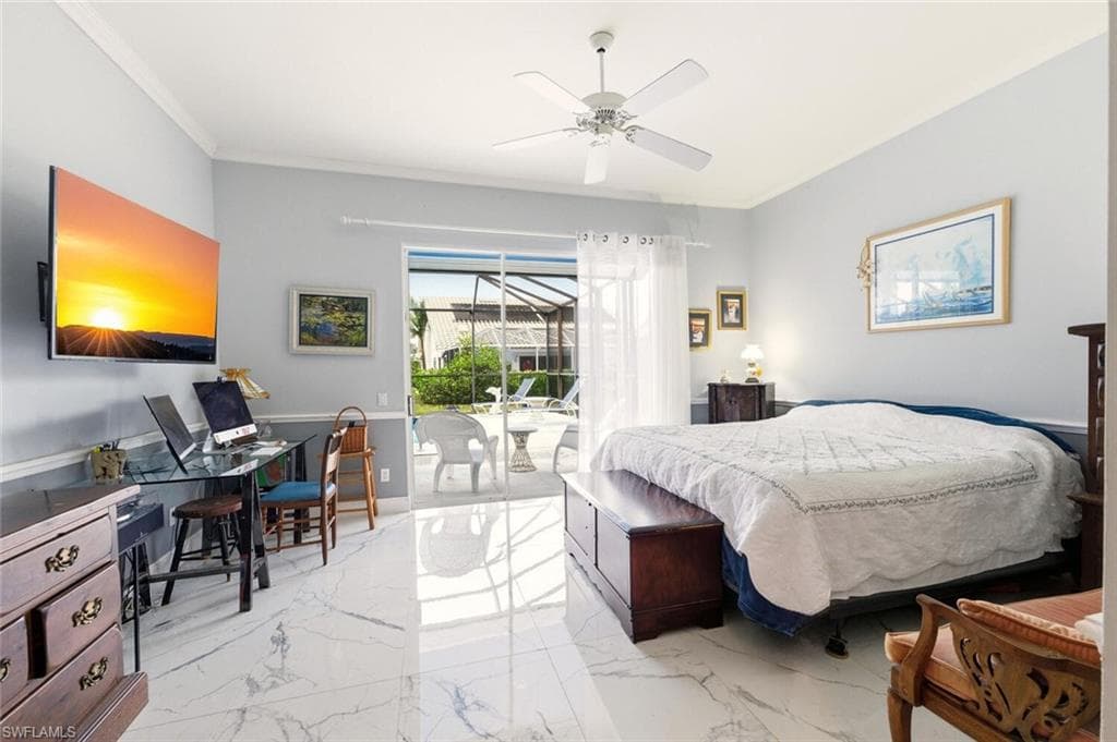Bedroom featuring access to exterior, ceiling fan, crown molding, and light marble finish flooring