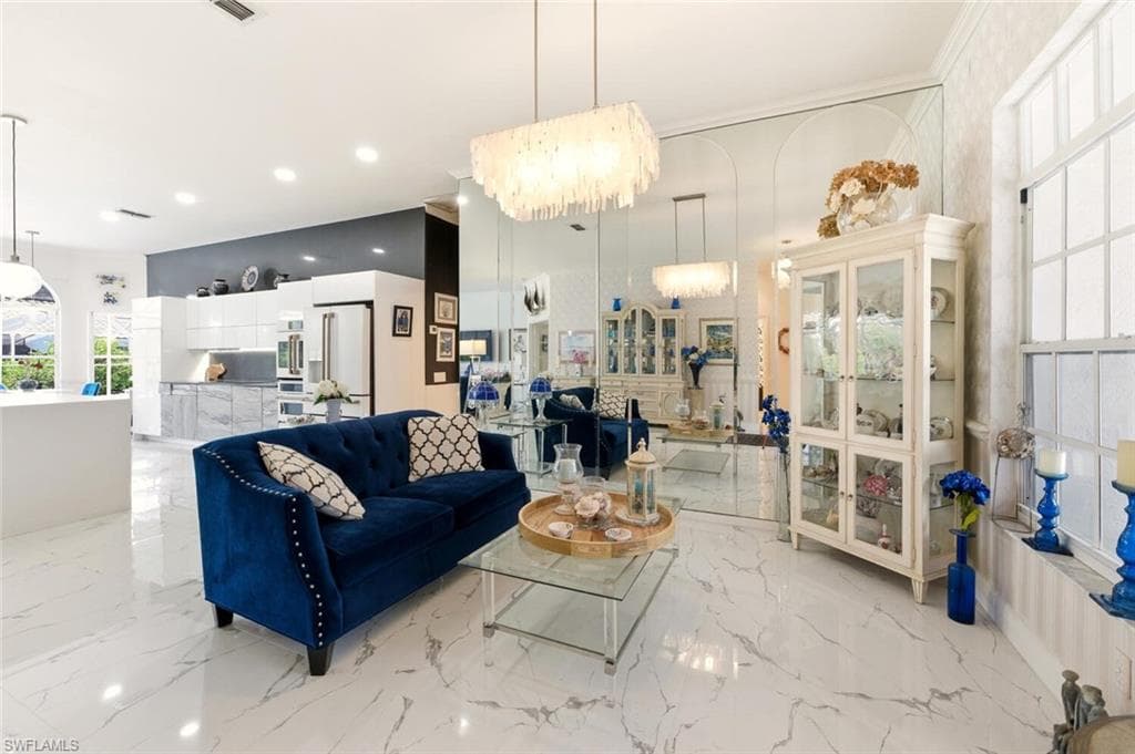 Living area featuring hanging lights