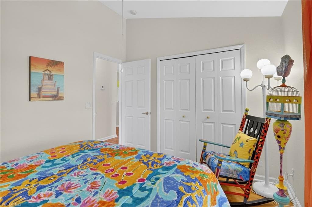 Bedroom with a closet and high vaulted ceiling
