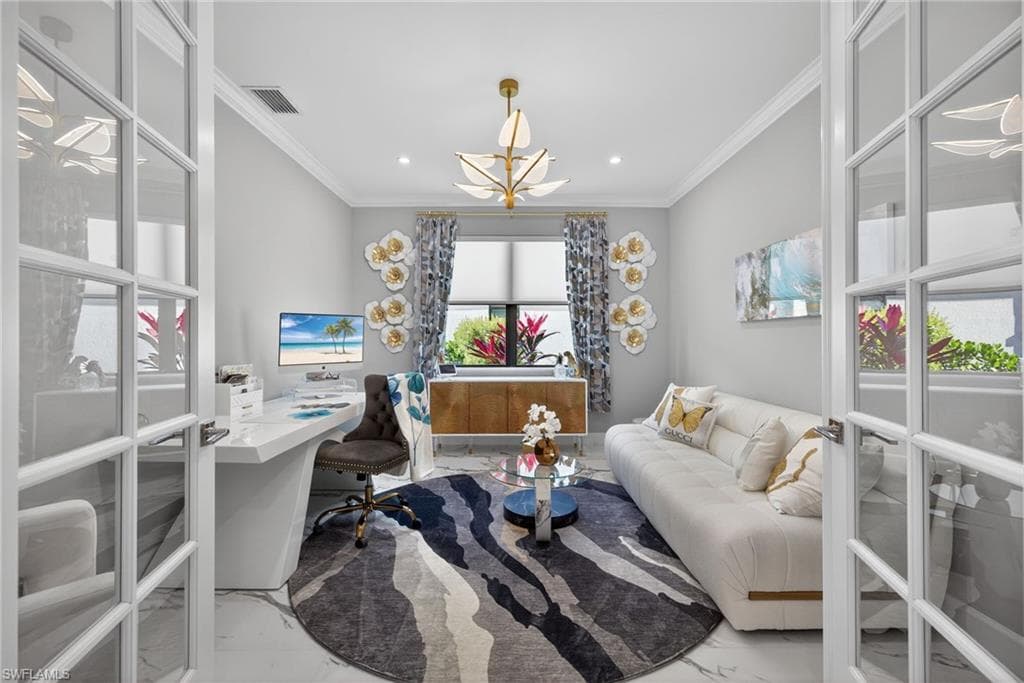 Office space with crown molding, recessed lighting, and french doors