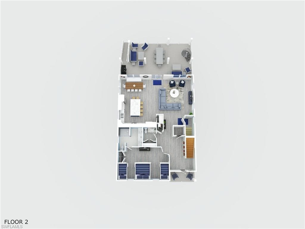 Floor 2 floor plan - kitchen, living area, bunkbed room, bathrooms and patio - virtually enhanced
