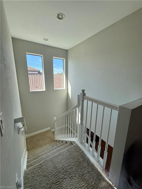 Stairway featuring carpet flooring and baseboards