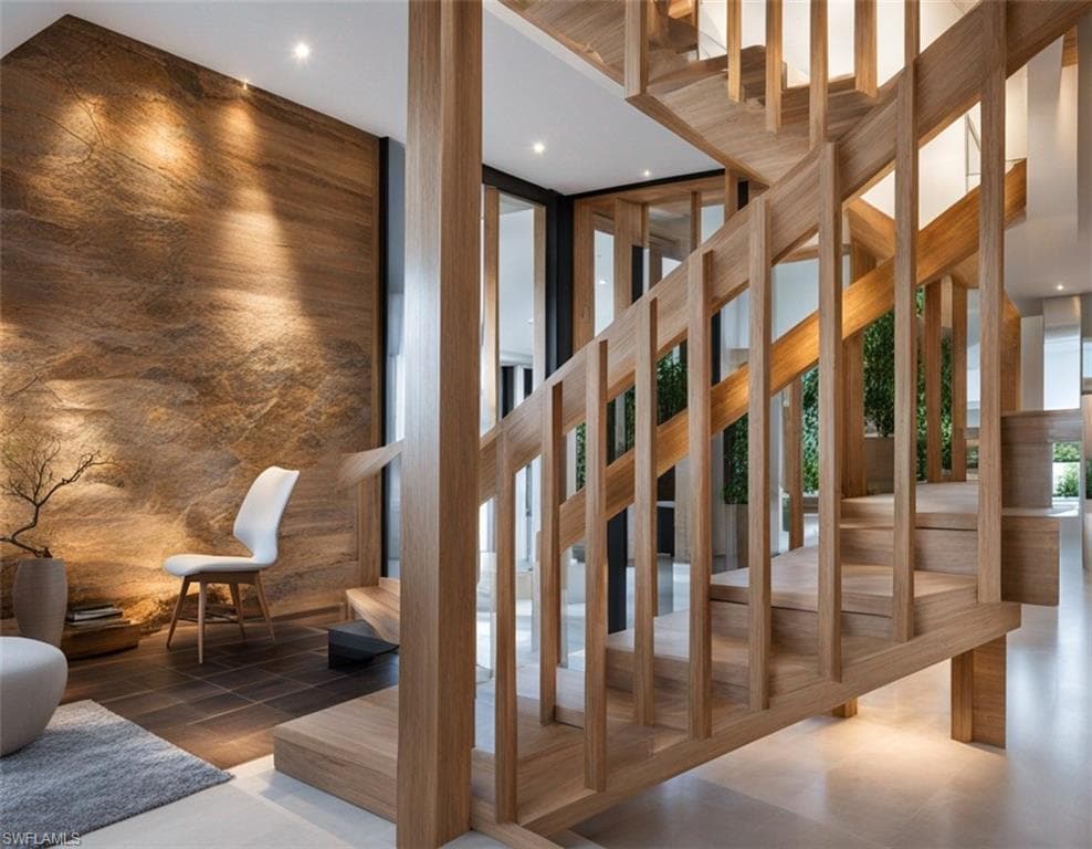 Digital Rendering Staircase featuring expansive windows, recessed lighting, and wooden walls