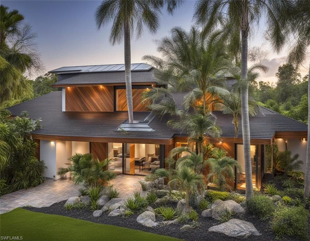 Digital Rendering Back of house at dusk featuring a patio