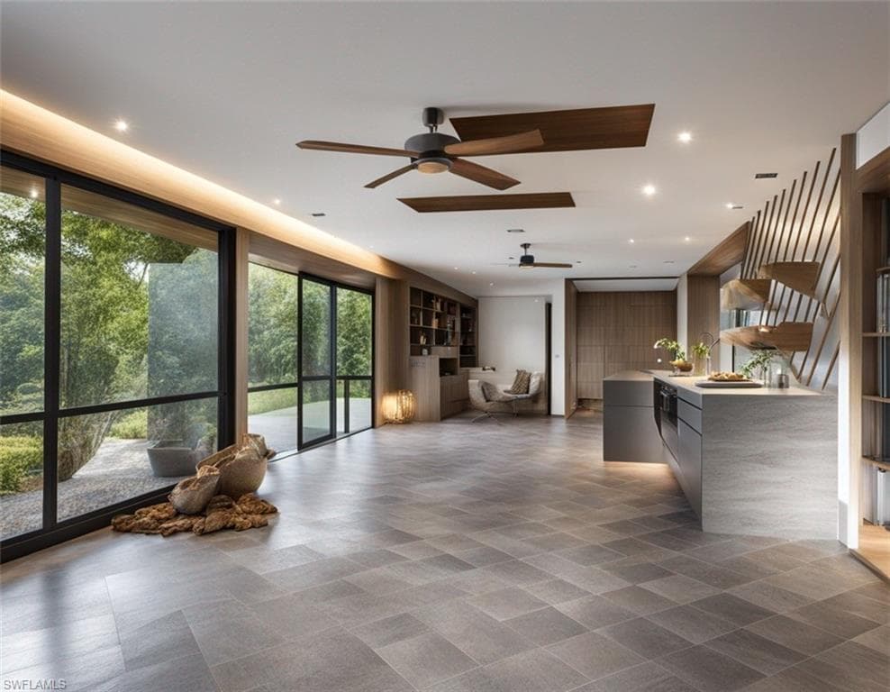 Digital Rendering Living room featuring recessed lighting, a ceiling fan, and floor to ceiling windows