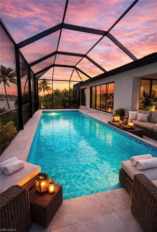Outdoor pool with a sunroom, a lanai, outdoor seating, and a patio area (Rendered photo)