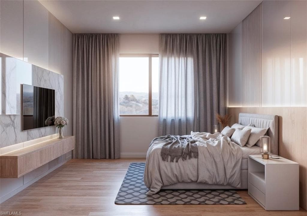 Bedroom featuring light wood-style floors and recessed lighting (Rendered photo)