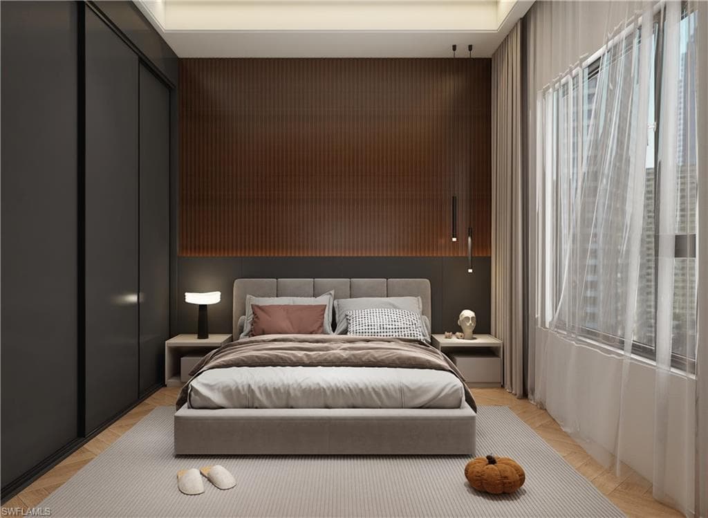 Bedroom with a closet and an accent wall (Rendered photo)
