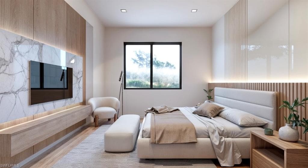 Bedroom with wood finished floors (Rendered photo)