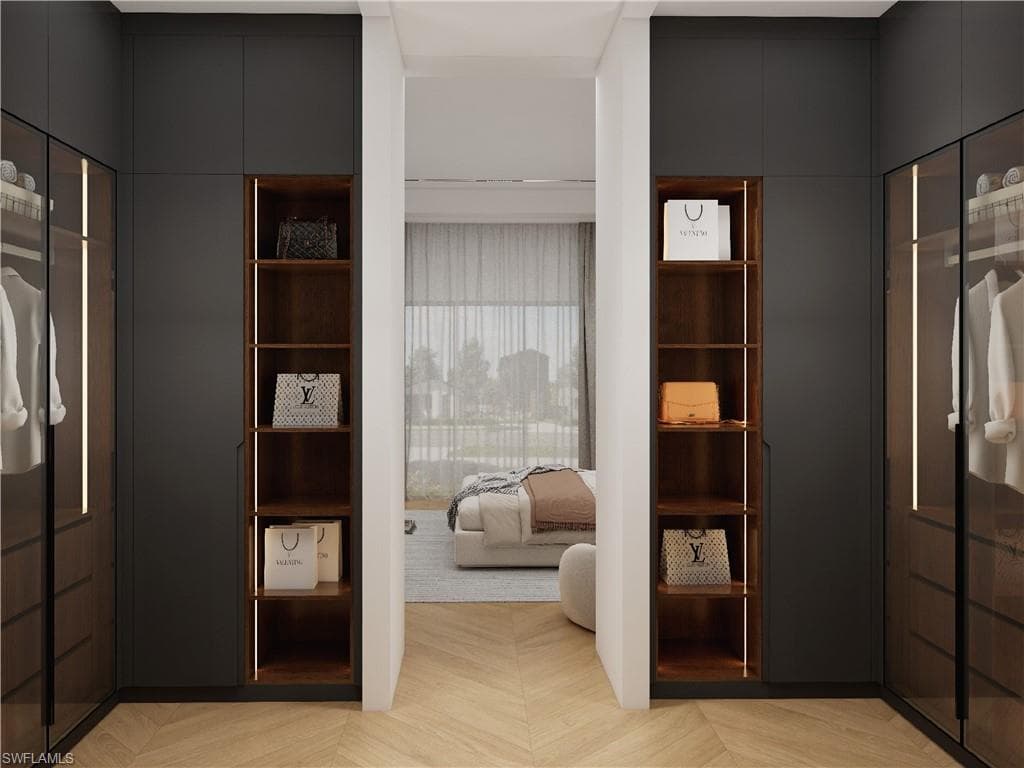 Walk in closet with parquet floors (Rendered photo)