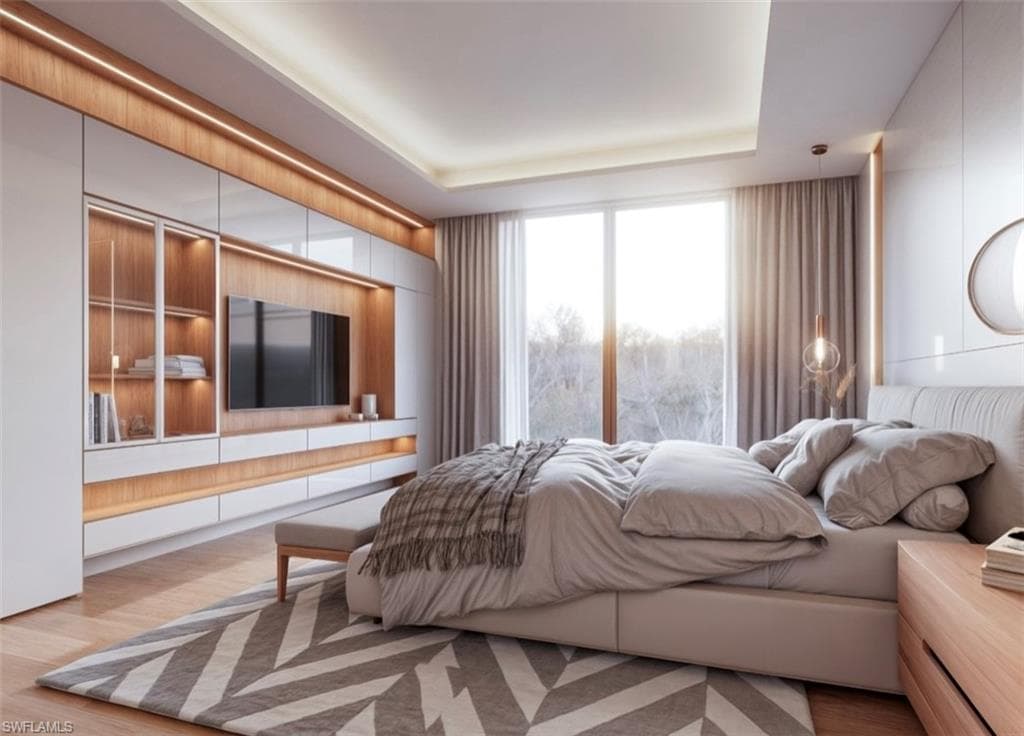 Bedroom with wood finished floors and a tray ceiling (Rendered photo)