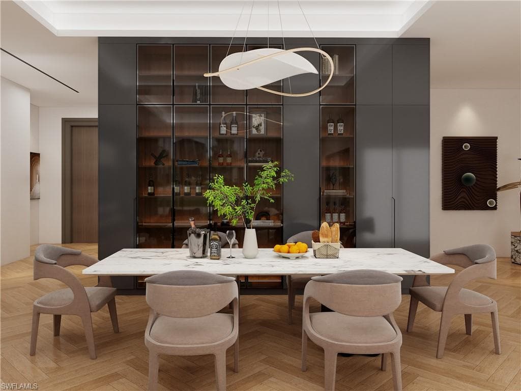 Dining space featuring parquet flooring (Rendered photo)