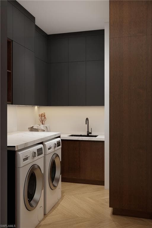 Laundry room featuring cabinet space, parquet floors, and independent washer and dryer (Rendered photo)