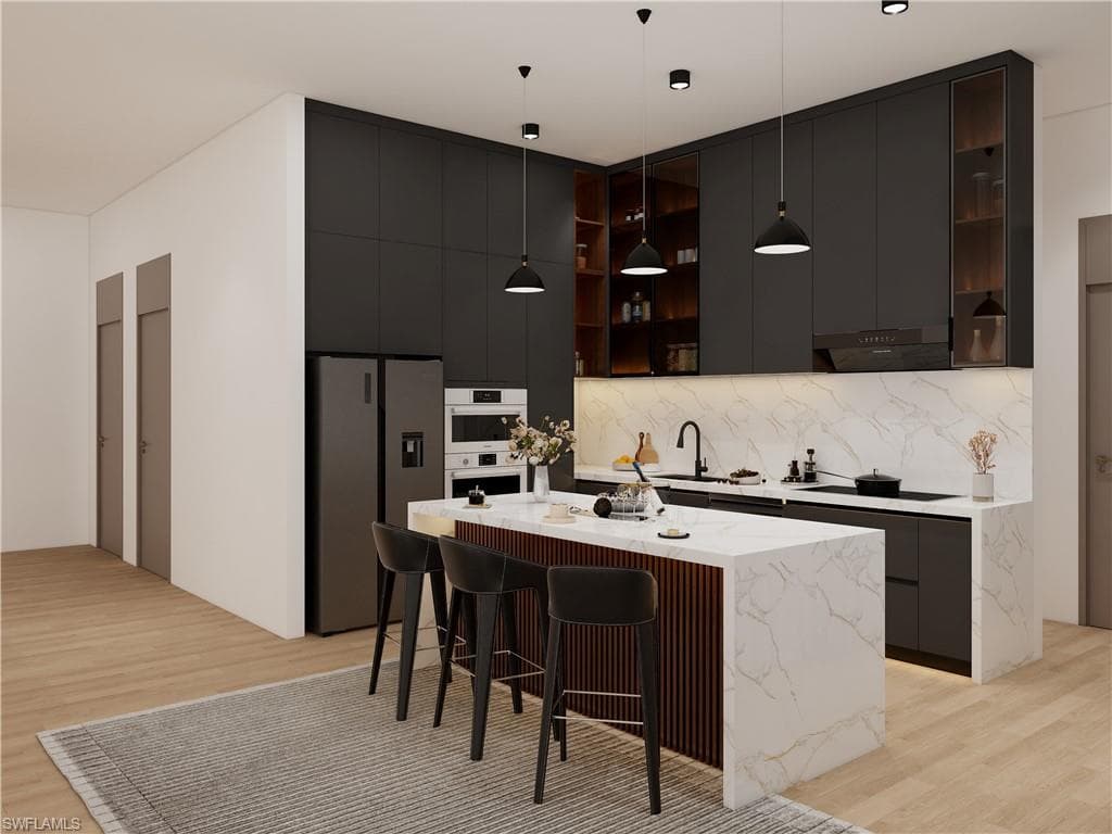 Kitchen with modern cabinets, stainless steel appliances, a kitchen island, and a kitchen breakfast bar (Rendered photo)