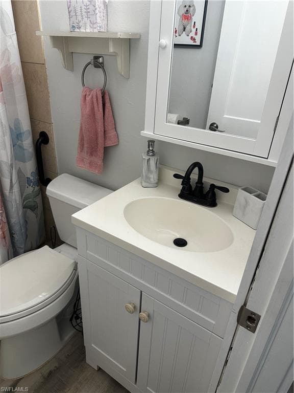 Bathroom featuring curtained shower, vanity, and wood finished floors