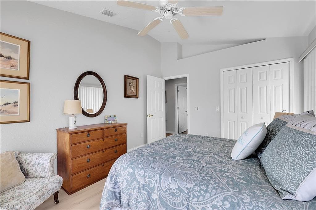 4th bedroom, showing walk-in closet, vaulted ceiling with display shelf
